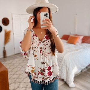 NWT Kori White Floral Boho Tassel Top • Size Small